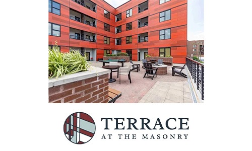 Terrace a logo and a multi-level red building